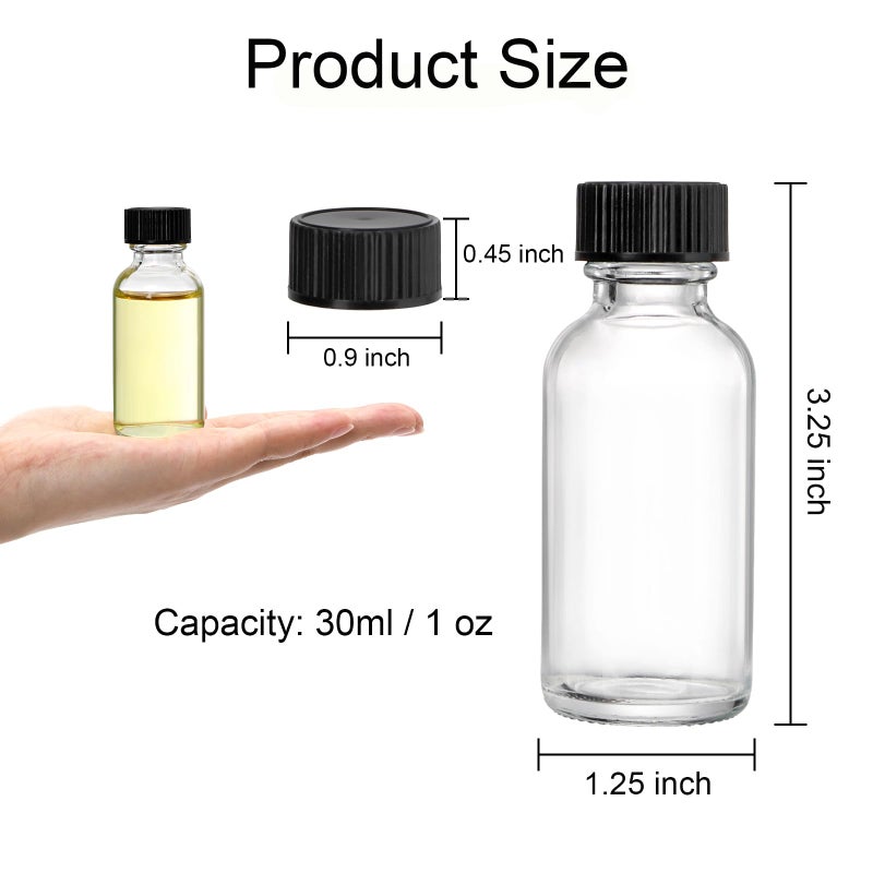 Bekith 30 Pack Boston Round Glass Bottle with Black Cap, 1 oz (30ml) Clear Glass Bottles Small Travel Bottle - Image 2